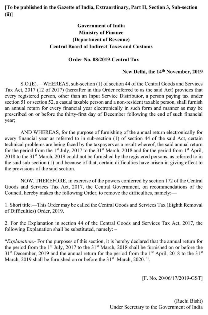 image of gstr 9 and 9c extension notification for 2017-18 and 2019